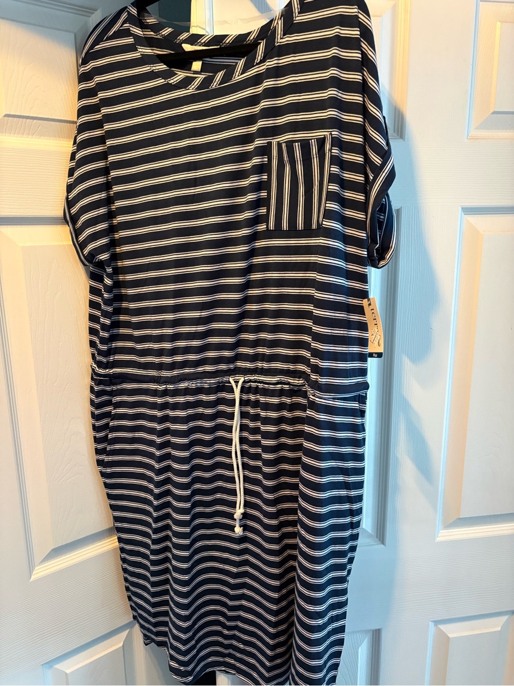 NWT Striped Navy and White Drawstring T-Shirt Dress
